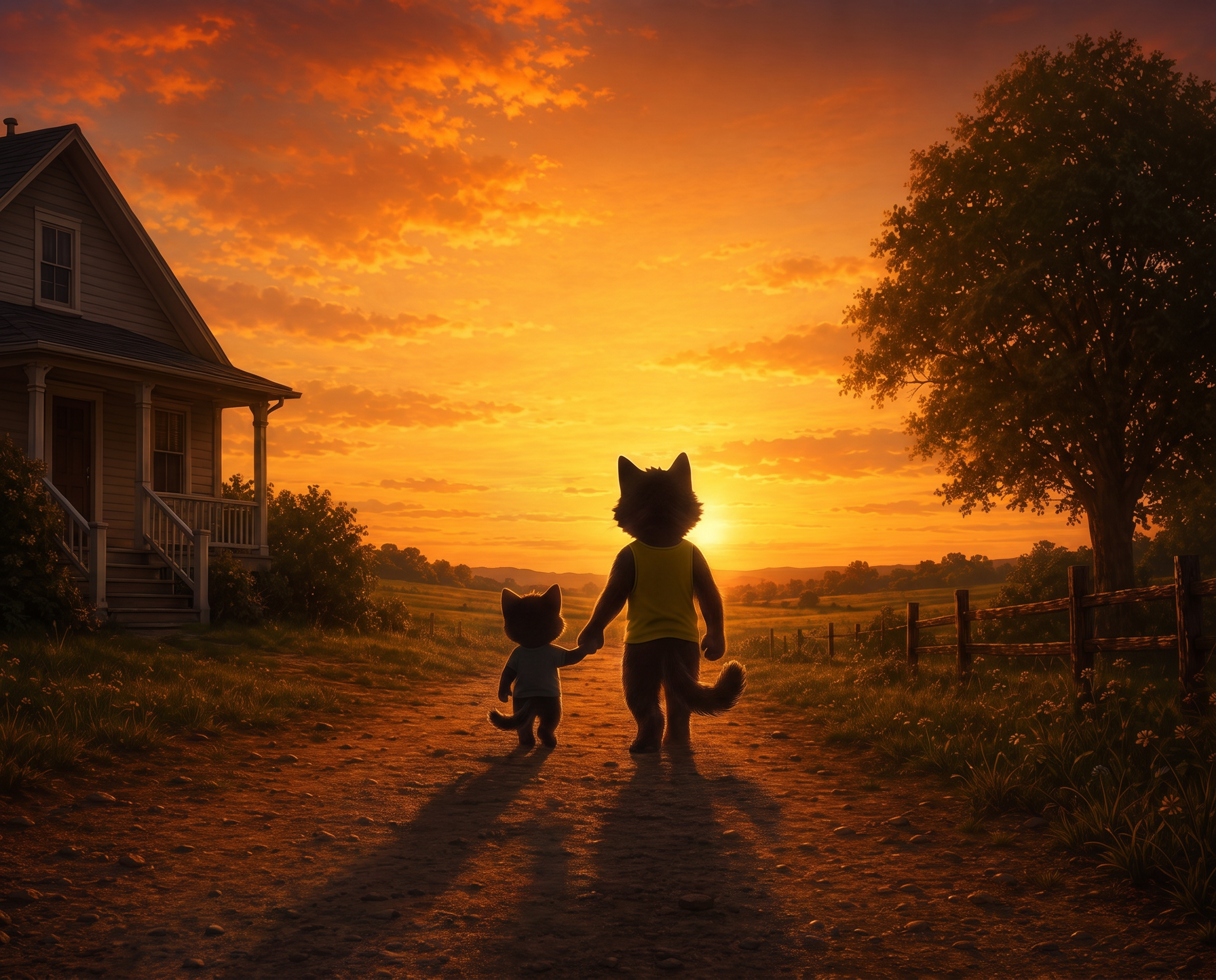 CateCoin and BabyCate walking home together at sunset