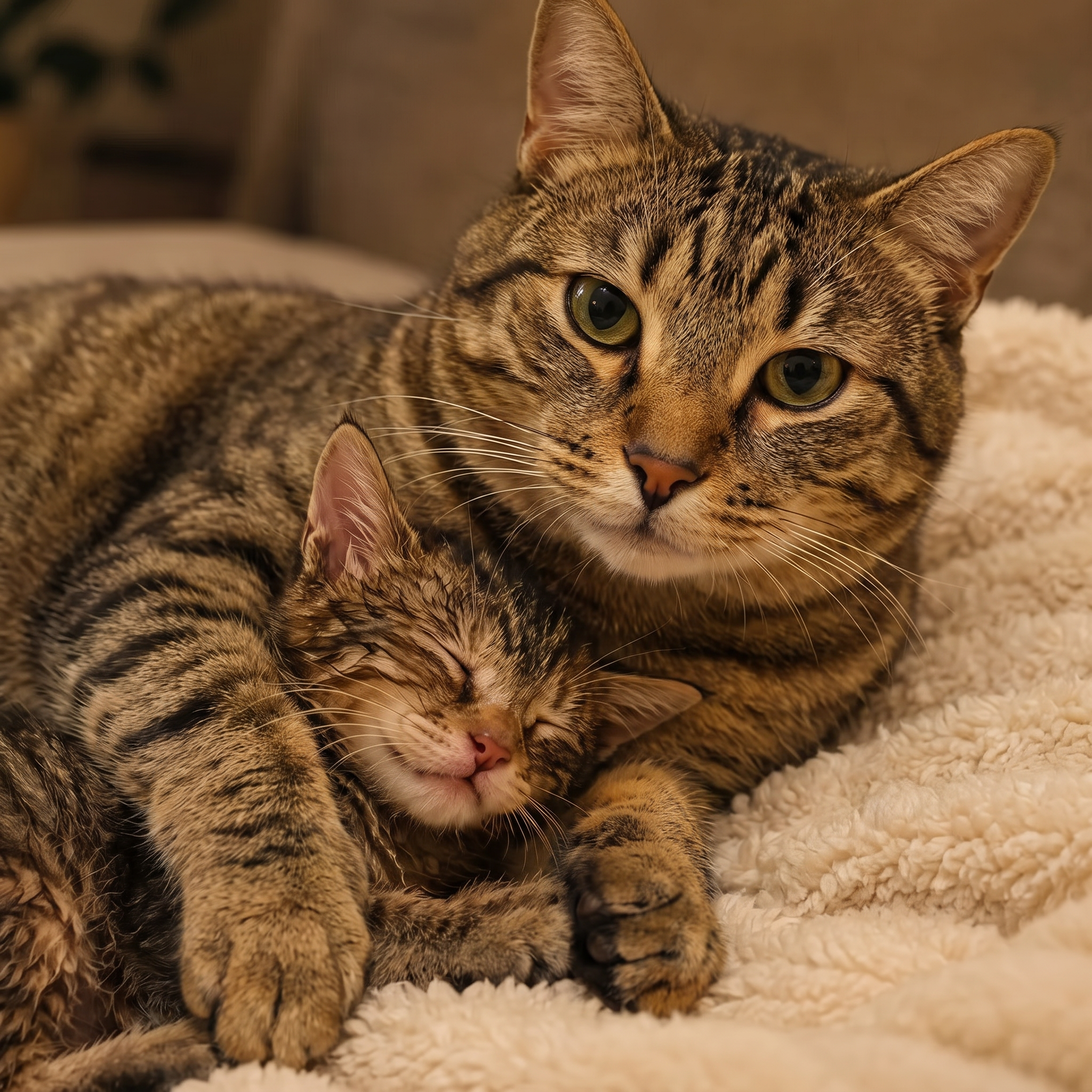 CateCoin cuddling a sleeping BabyCate kitten